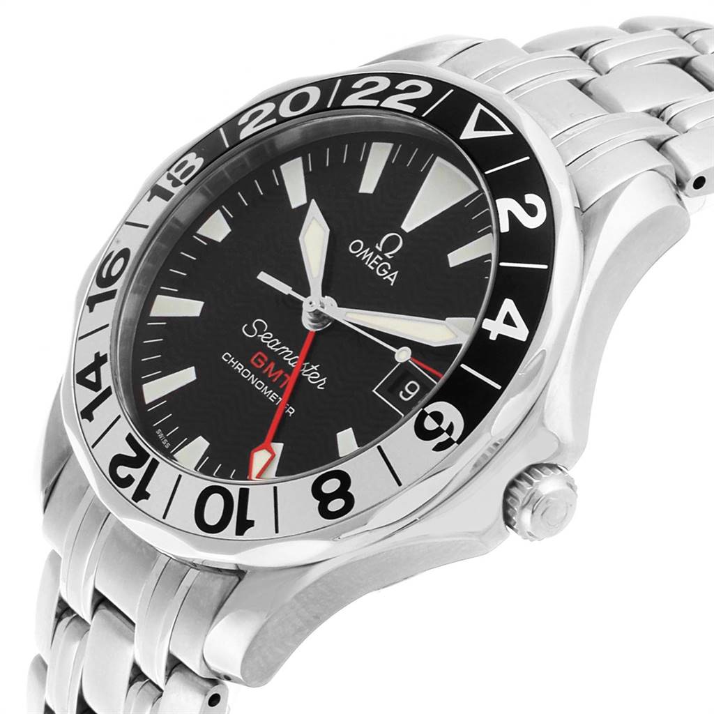 The Omega Seamaster 2534.50.00 Men
s Stainless Steel Black Dial 2534.50.00 Men
s Stainless Steel Black Dial watch is shown at an angle emphasizing the bezel, crown, and stainless steel bracelet.