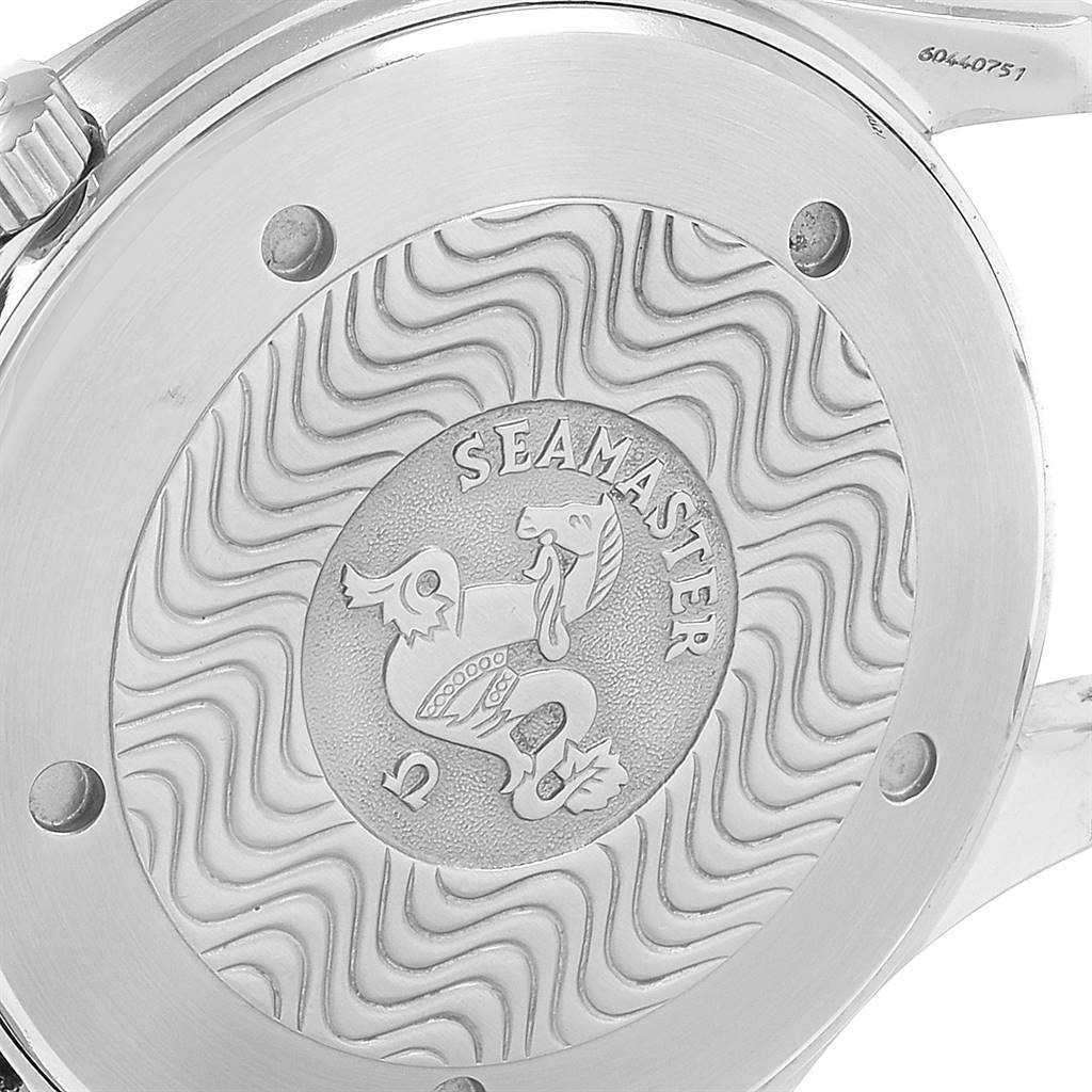 The image shows the rear case of the Omega Seamaster 2531.80.00 Men
s Stainless Steel Blue Dial 2531.80.00 Men
s Stainless Steel Blue Dial watch, featuring the engraved logo and design.