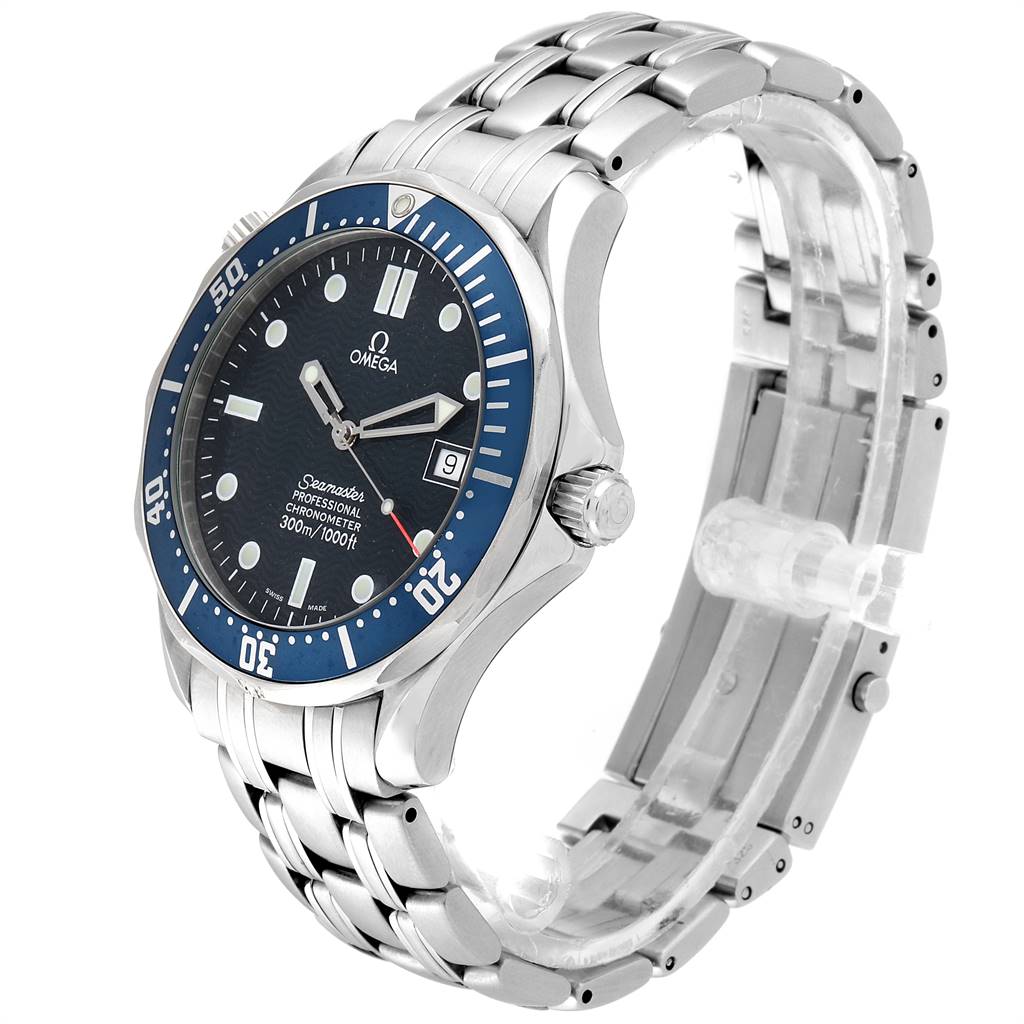 The image shows an Omega Seamaster 2531.80.00 Men
s Stainless Steel Blue Dial 2531.80.00 Men
s Stainless Steel Blue Dial watch from a front-side angle, highlighting its blue dial, bezel, and stainless steel bracelet.