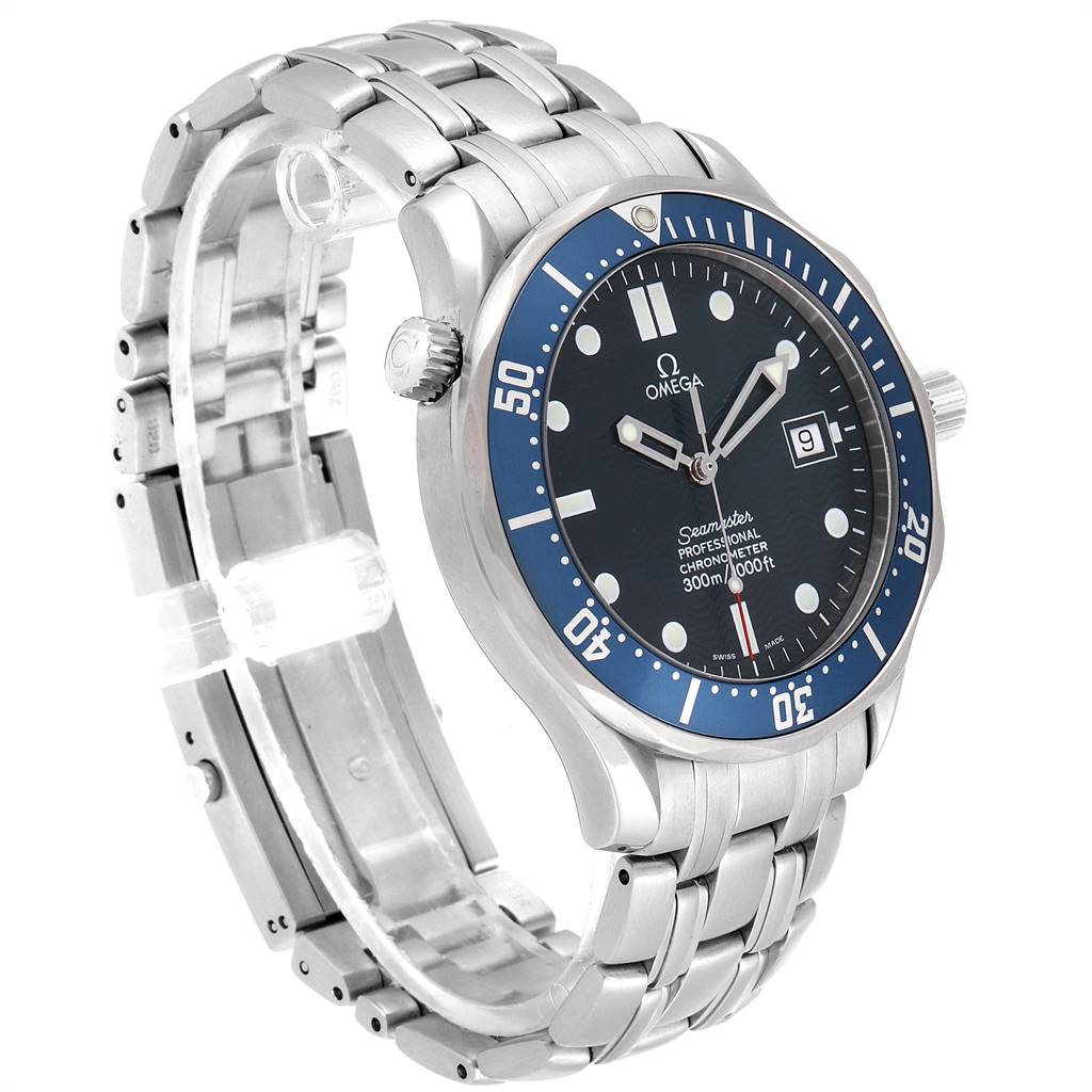 The Omega Seamaster 2531.80.00 Men
s Stainless Steel Blue Dial 2531.80.00 Men
s Stainless Steel Blue Dial watch is shown at a three-quarter angle, displaying the face, bezel, crown, and stainless steel bracelet.