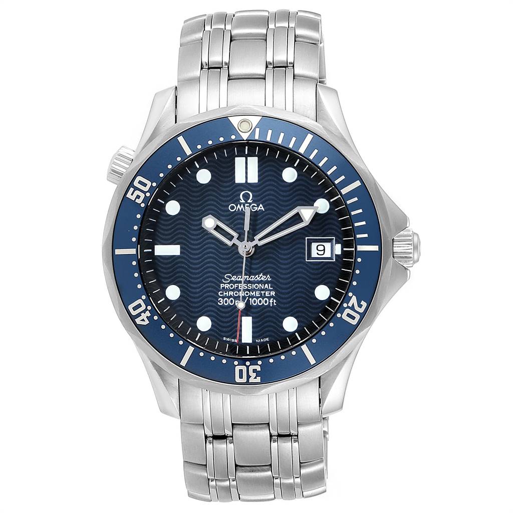 The Omega Seamaster 2531.80.00 Men
s Stainless Steel Blue Dial 2531.80.00 Men
s Stainless Steel Blue Dial watch is shown from a front angle, displaying its face, bezel, hands, and stainless steel bracelet.