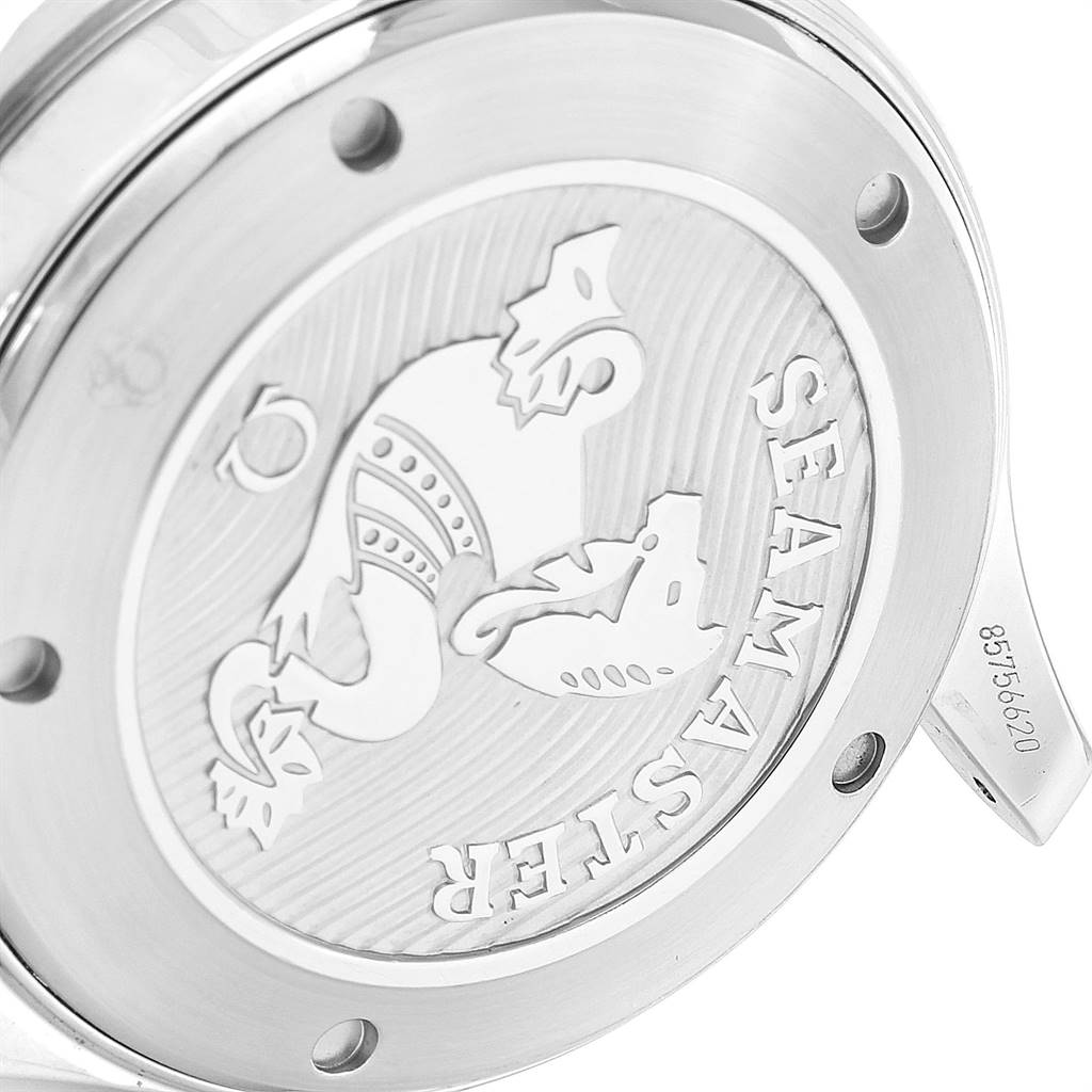 This image shows the case back of an Omega Seamaster 212.30.41.20.03.001 Men
s Stainless Steel Blue Dial 212.30.41.20.03.001 Men
s Stainless Steel Blue Dial watch with the engraved seahorse design.