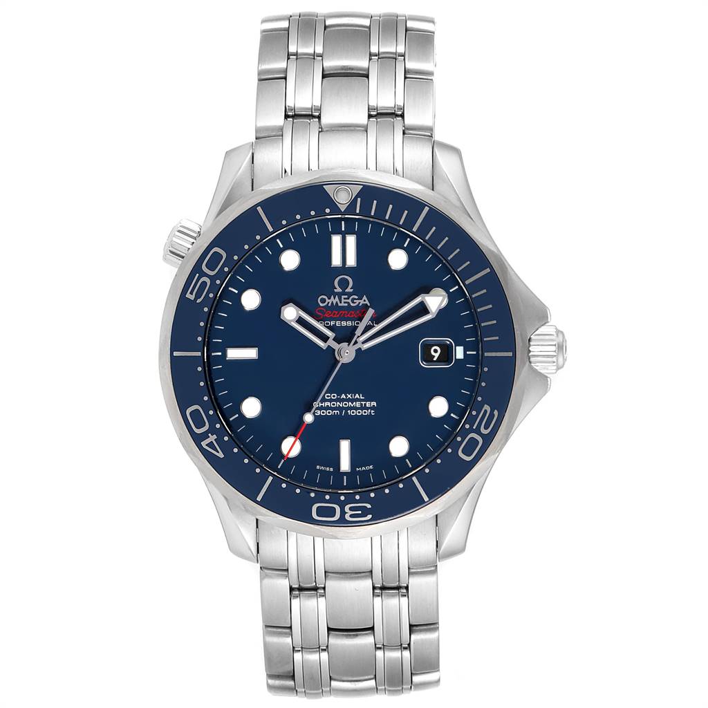 This image shows a straight-on view of the Omega Seamaster 212.30.41.20.03.001 Men
s Stainless Steel Blue Dial 212.30.41.20.03.001 Men
s Stainless Steel Blue Dial watch, displaying the dial, bezel, and bracelet.