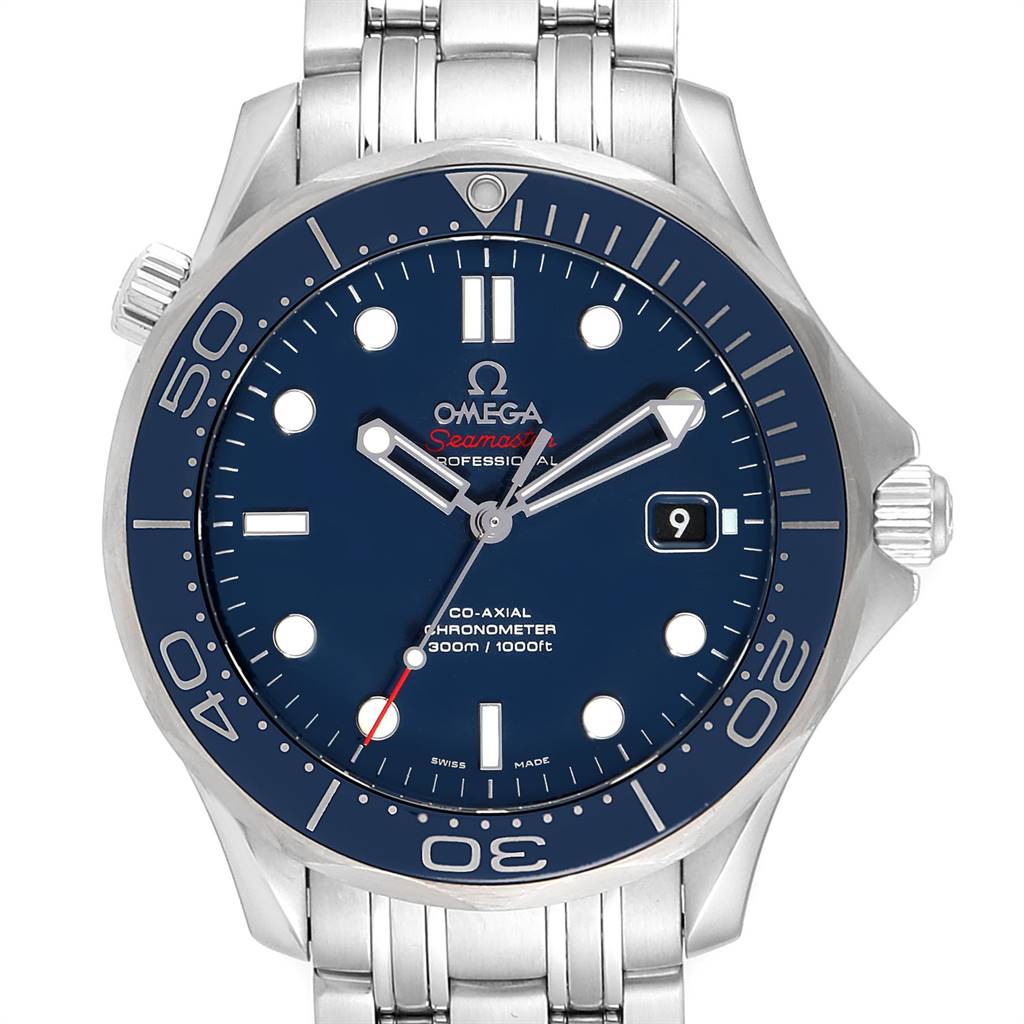 The image shows a front view of the Omega Seamaster 212.30.41.20.03.001 Men
s Stainless Steel Blue Dial 212.30.41.20.03.001 Men
s Stainless Steel Blue Dial watch, displaying its blue dial, bezel, crown, and stainless steel bracelet.