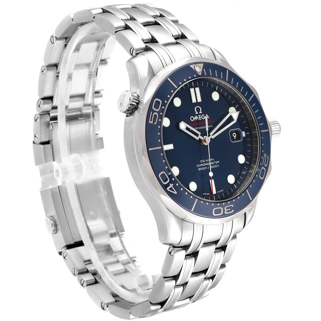 The Omega Seamaster 212.30.41.20.03.001 Men
s Stainless Steel Blue Dial 212.30.41.20.03.001 Men
s Stainless Steel Blue Dial watch is shown at a three-quarter angle, highlighting its face, bezel, crown, and stainless steel bracelet.