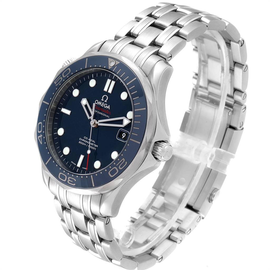 The image shows an angled view of the Omega Seamaster 212.30.41.20.03.001 Men
s Stainless Steel Blue Dial 212.30.41.20.03.001 Men
s Stainless Steel Blue Dial watch, displaying its bezel, dial, crown, and metal bracelet.