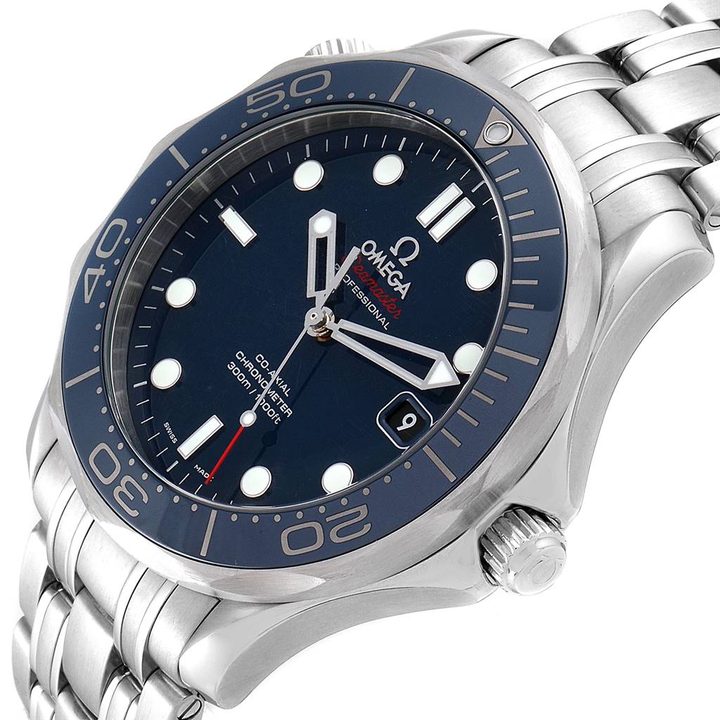 This image shows a close-up, angled view of an Omega Seamaster 212.30.41.20.03.001 Men
s Stainless Steel Blue Dial 212.30.41.20.03.001 Men
s Stainless Steel Blue Dial watch, displaying part of the bezel, dial, and bracelet.