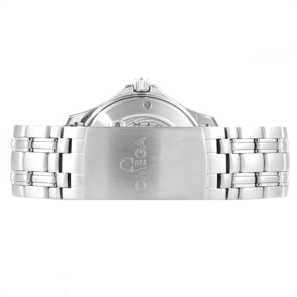 The image shows the clasp and part of the metal bracelet of the Omega Seamaster 212.30.41.20.03.001 Men
s Stainless Steel Blue Dial 212.30.41.20.03.001 Men
s Stainless Steel Blue Dial watch, viewed from the back.