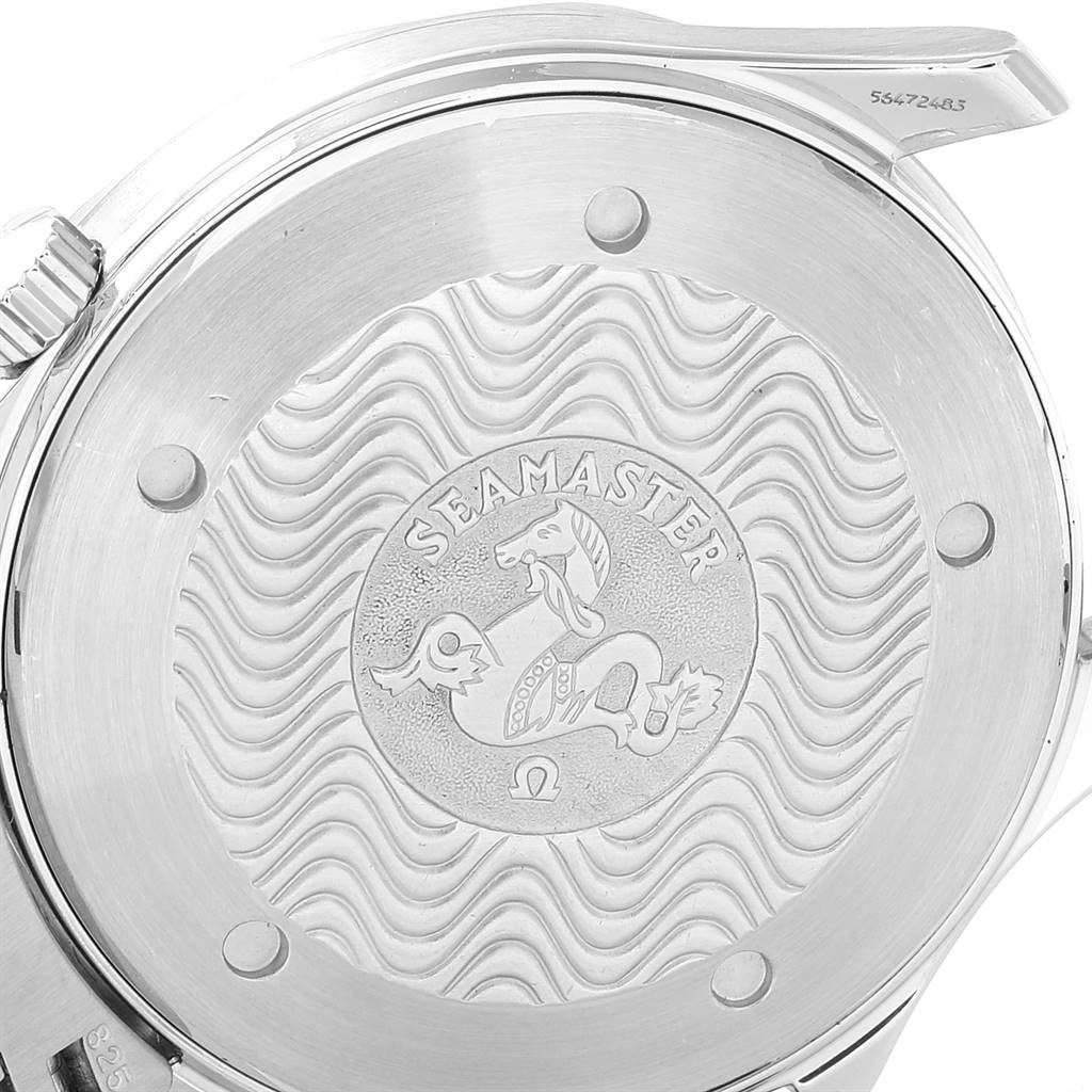 This image shows the back casing of the Omega Seamaster 2541.80.00 Men
s Stainless Steel Blue Dial 2541.80.00 Men
s Stainless Steel Blue Dial watch, featuring the logo and wave pattern.