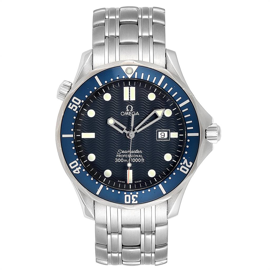 This image shows a front view of the Omega Seamaster 2541.80.00 Men
s Stainless Steel Blue Dial 2541.80.00 Men
s Stainless Steel Blue Dial watch, displaying its dial, bezels, and steel bracelet.
