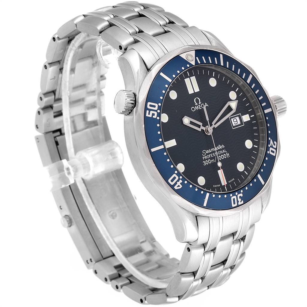 The Omega Seamaster 2541.80.00 Men
s Stainless Steel Blue Dial 2541.80.00 Men
s Stainless Steel Blue Dial watch is shown at an angle displaying the face, bezel, band, and crown.