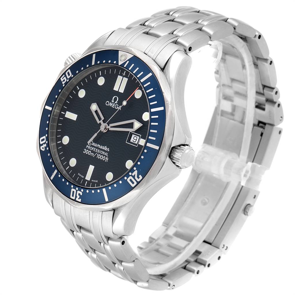 The Omega Seamaster 2541.80.00 Men
s Stainless Steel Blue Dial 2541.80.00 Men
s Stainless Steel Blue Dial watch is shown at a three-quarter angle, highlighting its face, bezel, crown, and metal bracelet.