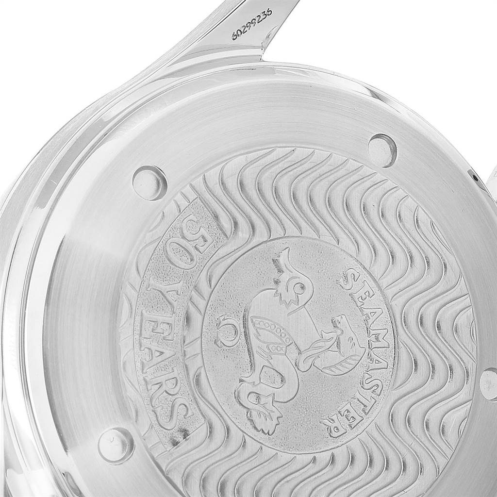 This image shows the case back of an Omega Seamaster 2534.50.00 Men
s Stainless Steel Black Dial 2534.50.00 Men
s Stainless Steel Black Dial watch with engraving details.