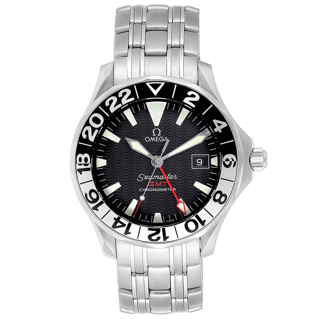 The image shows a front view of an Omega Seamaster 2534.50.00 Men
s Stainless Steel Black Dial 2534.50.00 Men
s Stainless Steel Black Dial watch, displaying its face, hands, bezel, crown, and stainless steel bracelet.