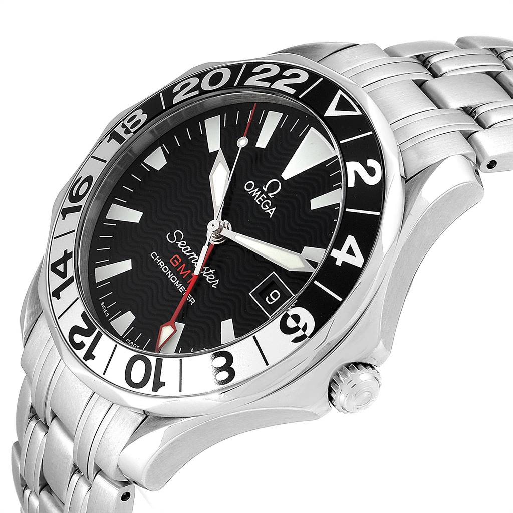The image shows an Omega Seamaster 2534.50.00 Men
s Stainless Steel Black Dial 2534.50.00 Men
s Stainless Steel Black Dial watch viewed from the front-right angle, displaying its face, bezel, and stainless steel bracelet.