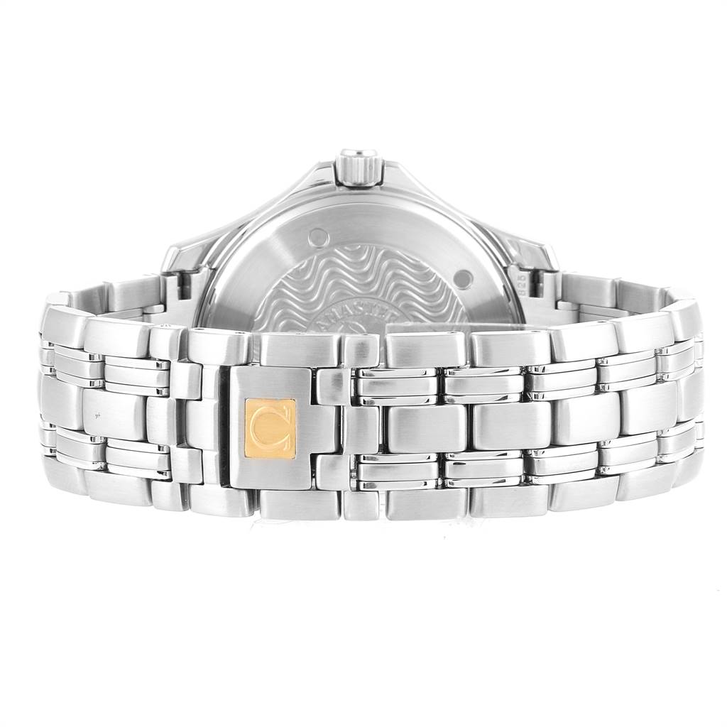 The image shows the back view of an Omega Seamaster 2534.50.00 Men
s Stainless Steel Black Dial 2534.50.00 Men
s Stainless Steel Black Dial watch, highlighting the bracelet and case back.