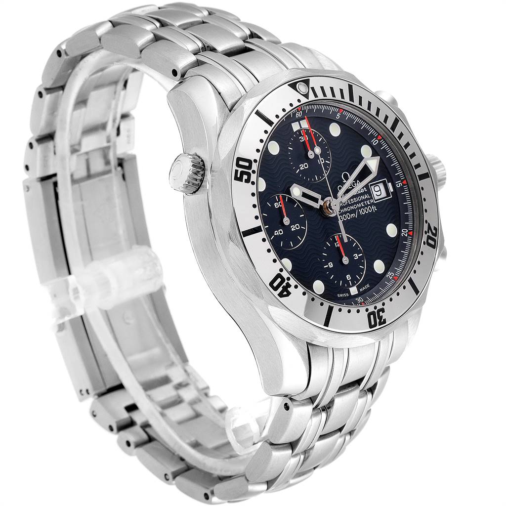 The Omega Seamaster 2598.80.00 Men
s Stainless Steel Blue Dial 2598.80.00 Men
s Stainless Steel Blue Dial watch is shown at a three-quarter side angle, highlighting the dial, bezel, crown, and metal bracelet.