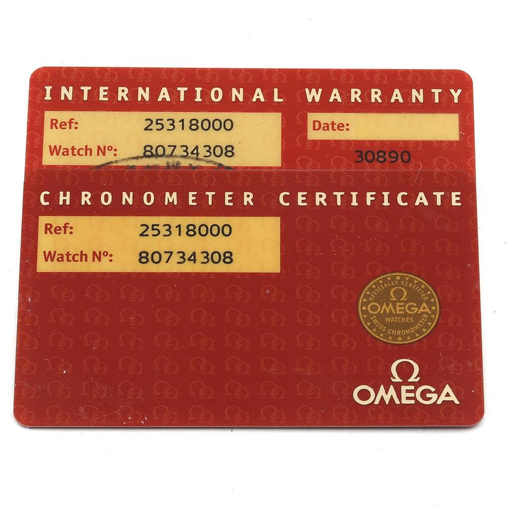 This image shows the international warranty and chronometer certificate cards for an Omega Seamaster 2531.80.00 Men
s Stainless Steel Blue Dial 2531.80.00 Men
s Stainless Steel Blue Dial watch.