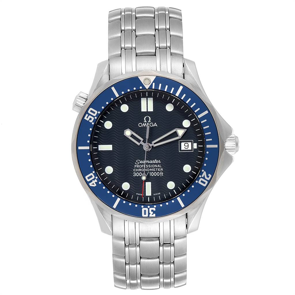 This image shows a front view of an Omega Seamaster 2531.80.00 Men
s Stainless Steel Blue Dial 2531.80.00 Men
s Stainless Steel Blue Dial watch, highlighting the face, bezel, and bracelet.