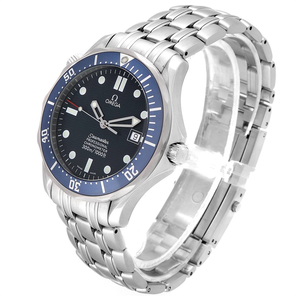 This Omega Seamaster 2531.80.00 Men
s Stainless Steel Blue Dial 2531.80.00 Men
s Stainless Steel Blue Dial watch is shown at a three-quarter angle, displaying the dial, bezel, case, crown, and stainless steel bracelet.