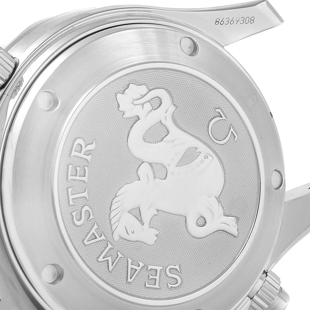 The image shows a close-up view of the case back of an Omega Seamaster 213.30.42.40.01.001 Men's Stainless Steel Black Dial 213.30.42.40.01.001 Men's Stainless Steel Black Dial watch, showcasing its engraved design and serial number.