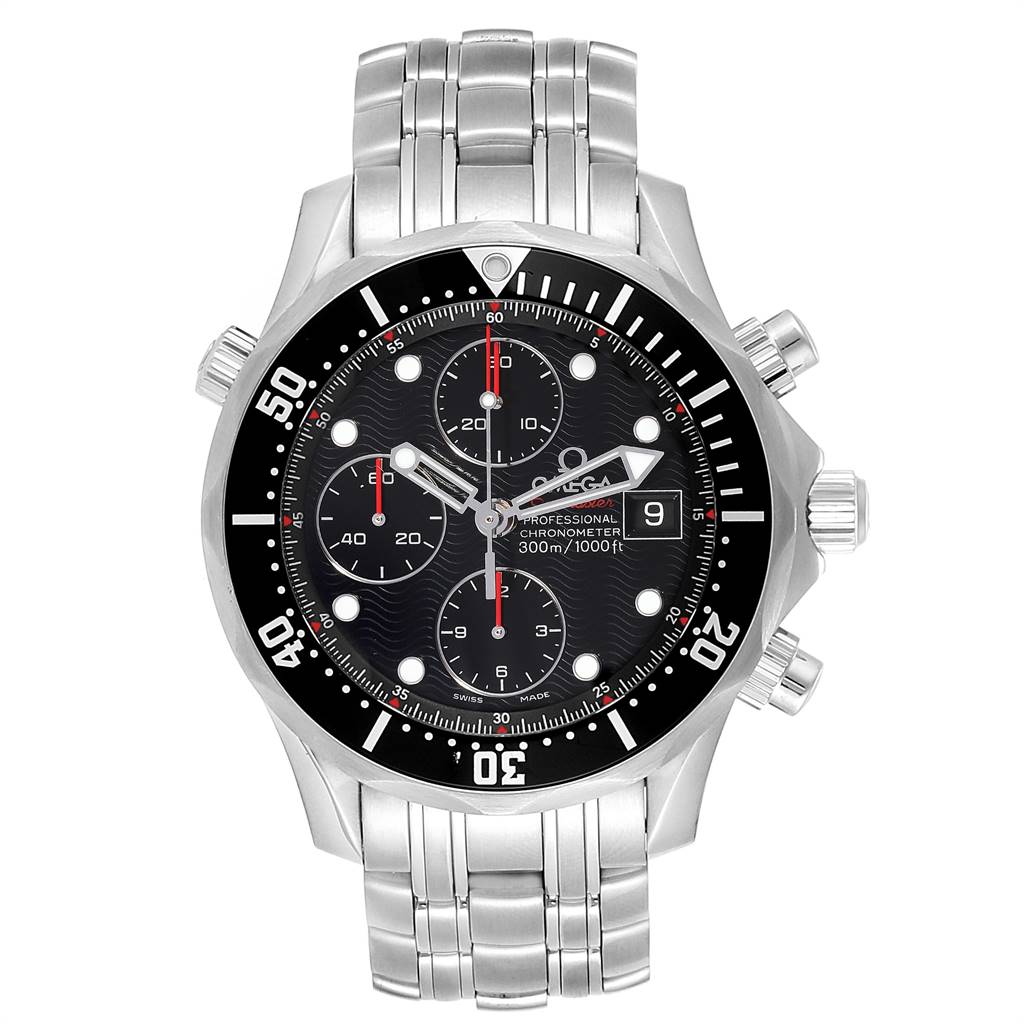 The image shows a front view of an Omega Seamaster 213.30.42.40.01.001 Men's Stainless Steel Black Dial 213.30.42.40.01.001 Men's Stainless Steel Black Dial watch, displaying the dial, bezel, and stainless steel bracelet.