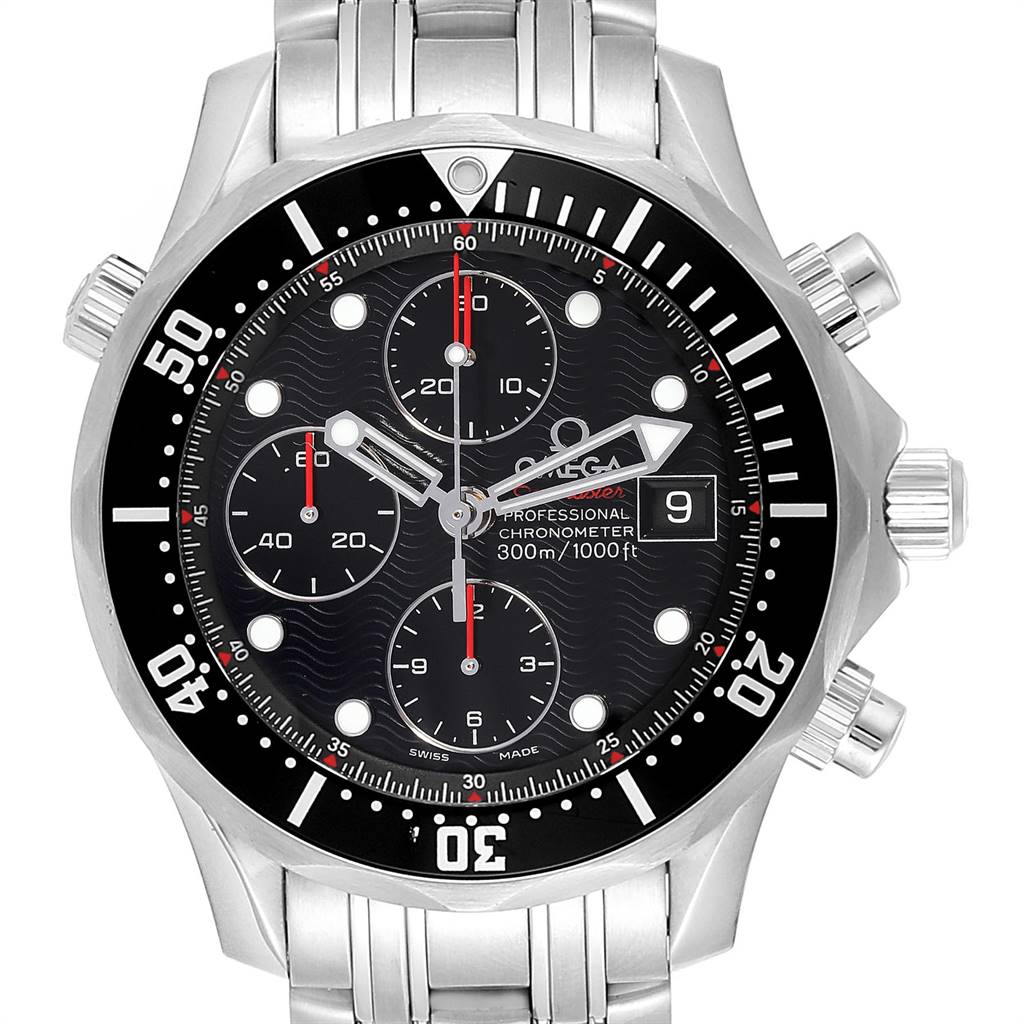 Front view of an Omega Seamaster 213.30.42.40.01.001 Men's Stainless Steel Black Dial 213.30.42.40.01.001 Men's Stainless Steel Black Dial watch displaying the face, bezel, crown, subdials, and stainless steel bracelet.