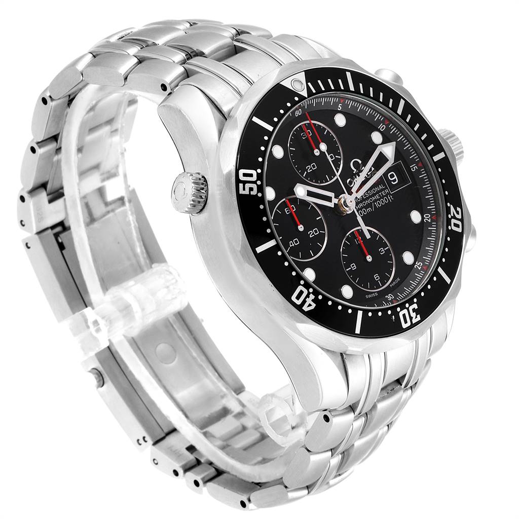 The image shows the Omega Seamaster 213.30.42.40.01.001 Men's Stainless Steel Black Dial 213.30.42.40.01.001 Men's Stainless Steel Black Dial watch at an angled view, highlighting its stainless steel bracelet, black dial, and chronograph subdials.