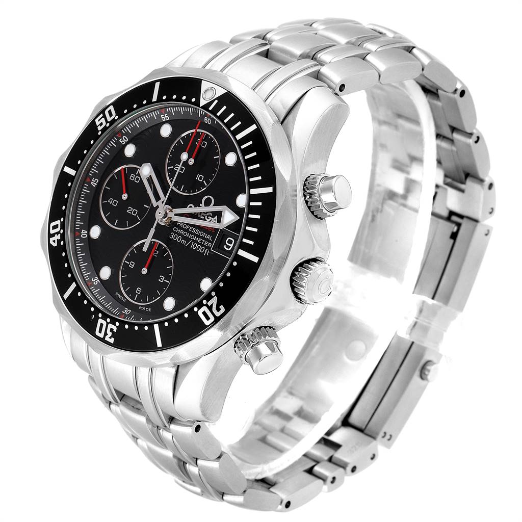 This image shows an Omega Seamaster 213.30.42.40.01.001 Men's Stainless Steel Black Dial 213.30.42.40.01.001 Men's Stainless Steel Black Dial watch at a three-quarter angle, highlighting the bracelet, bezel, and chronograph dials.