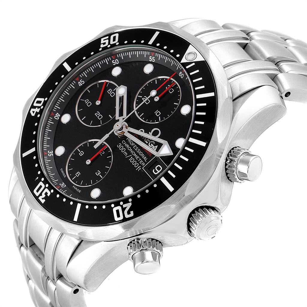 The image shows an angled close-up of an Omega Seamaster 213.30.42.40.01.001 Men's Stainless Steel Black Dial 213.30.42.40.01.001 Men's Stainless Steel Black Dial watch, highlighting the face, bezel, crown, and chronograph buttons.