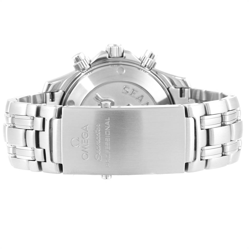 The image shows the clasp and part of the bracelet of an Omega Seamaster 213.30.42.40.01.001 Men's Stainless Steel Black Dial 213.30.42.40.01.001 Men's Stainless Steel Black Dial watch, viewed from the back.