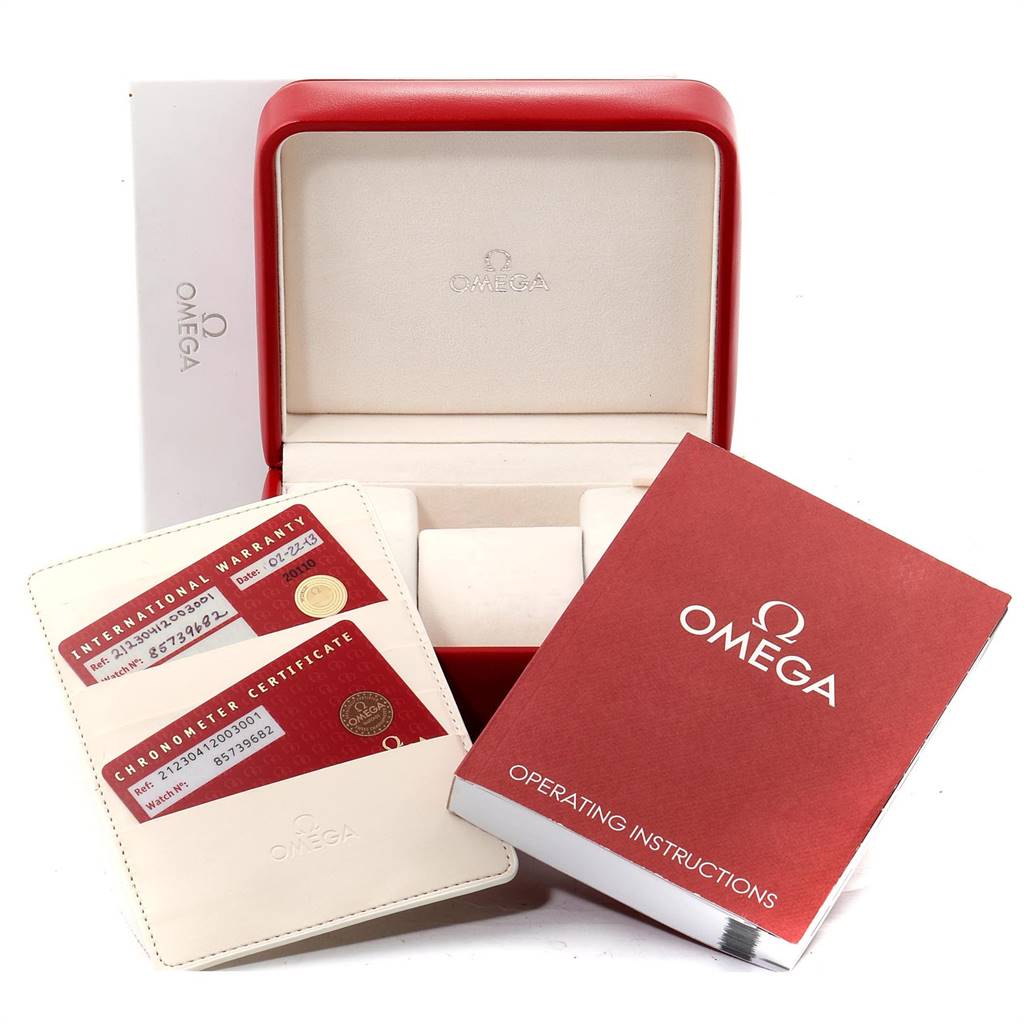 The photo shows an Omega Seamaster 212.30.41.20.03.001 Men
s Stainless Steel Blue Dial 212.30.41.20.03.001 Men
s Stainless Steel Blue Dial watch box, warranty cards, and operating instructions, angled from the front.