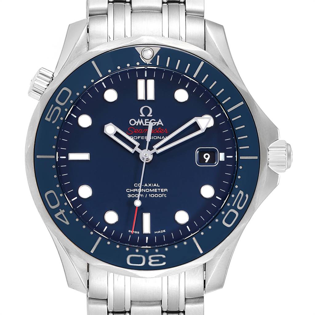 The image shows a front view of an Omega Seamaster 212.30.41.20.03.001 Men
s Stainless Steel Blue Dial 212.30.41.20.03.001 Men
s Stainless Steel Blue Dial watch, displaying the face, bezel, and part of the bracelet.