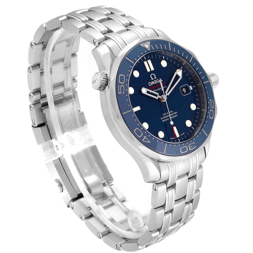 The image shows a three-quarter angle of the Omega Seamaster 212.30.41.20.03.001 Men
s Stainless Steel Blue Dial 212.30.41.20.03.001 Men
s Stainless Steel Blue Dial watch, focusing on its face, bezel, and stainless steel bracelet.