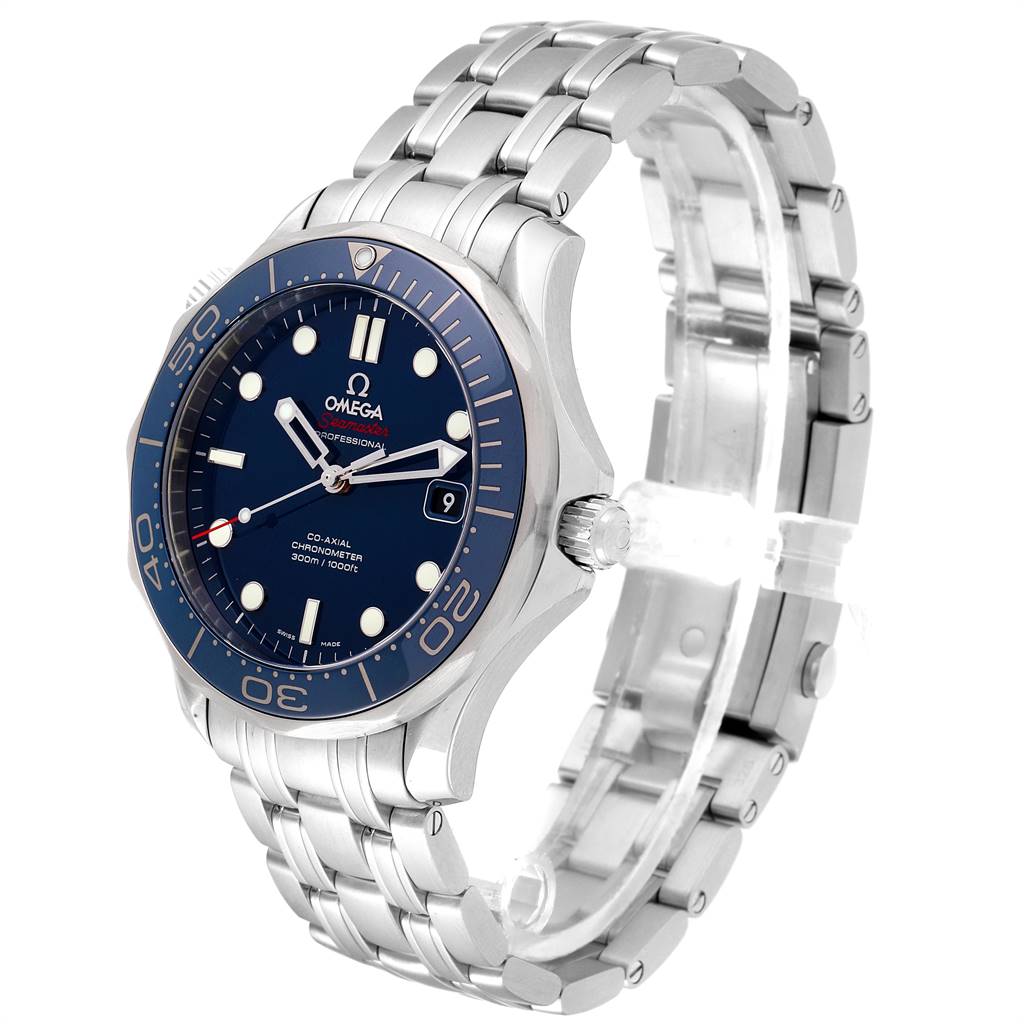 The image shows an angled view of the Omega Seamaster 212.30.41.20.03.001 Men
s Stainless Steel Blue Dial 212.30.41.20.03.001 Men
s Stainless Steel Blue Dial watch, highlighting the face, bezel, crown, and metal bracelet.