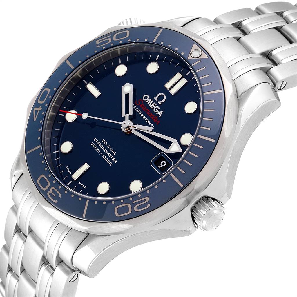 The image shows the Omega Seamaster 212.30.41.20.03.001 Men
s Stainless Steel Blue Dial 212.30.41.20.03.001 Men
s Stainless Steel Blue Dial watch at an angle, highlighting the dial, bezel, crown, and metal bracelet.
