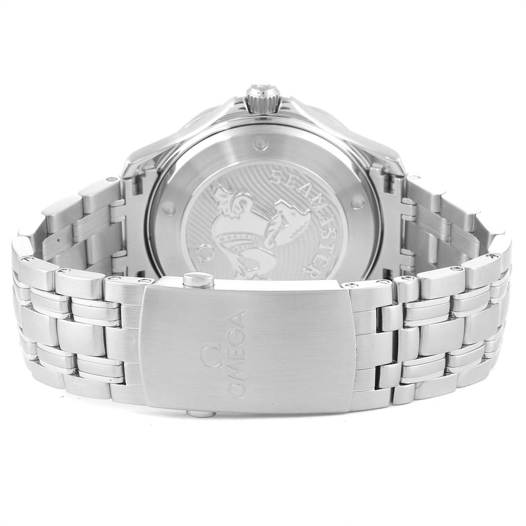 The image shows the back case and metal bracelet of an Omega Seamaster 212.30.41.20.03.001 Men
s Stainless Steel Blue Dial 212.30.41.20.03.001 Men
s Stainless Steel Blue Dial watch, highlighting the engraved back and clasp.