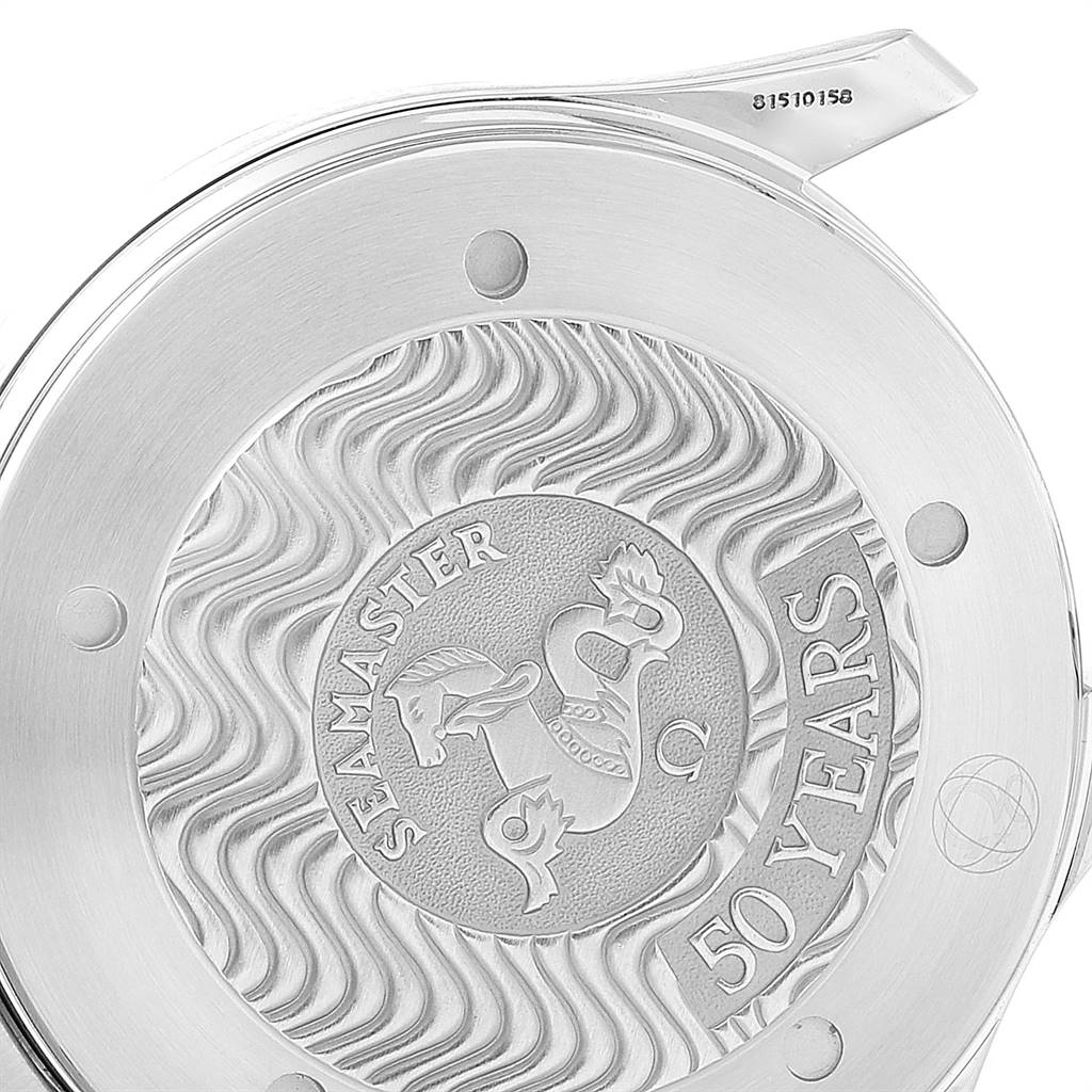 The image shows the engraved case back of an Omega Seamaster 2234.50.00 Men
s Stainless Steel Black Dial 2234.50.00 Men
s Stainless Steel Black Dial watch, featuring a design commemorating "50 YEARS."