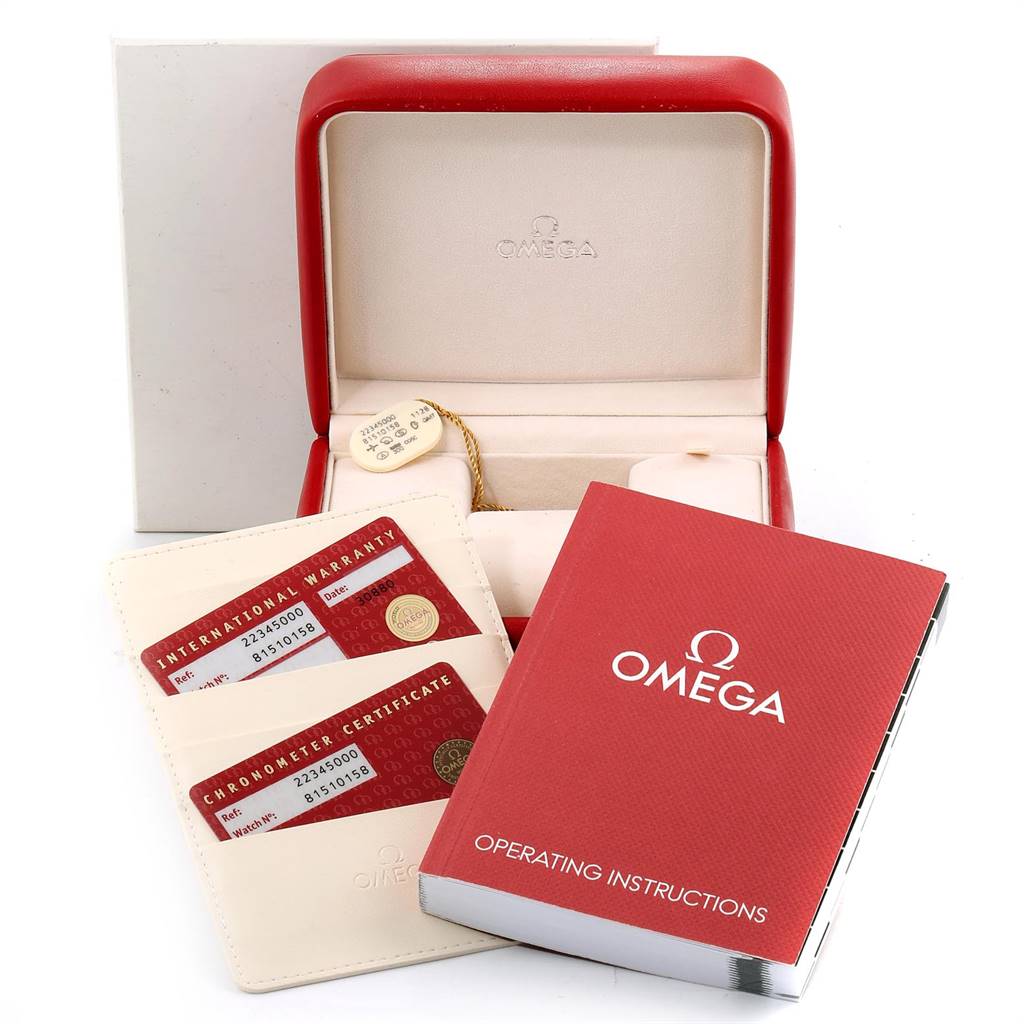 This image shows the accessories for an Omega Seamaster 2234.50.00 Men
s Stainless Steel Black Dial 2234.50.00 Men
s Stainless Steel Black Dial watch, including the packaging, warranty cards, and operating instructions.