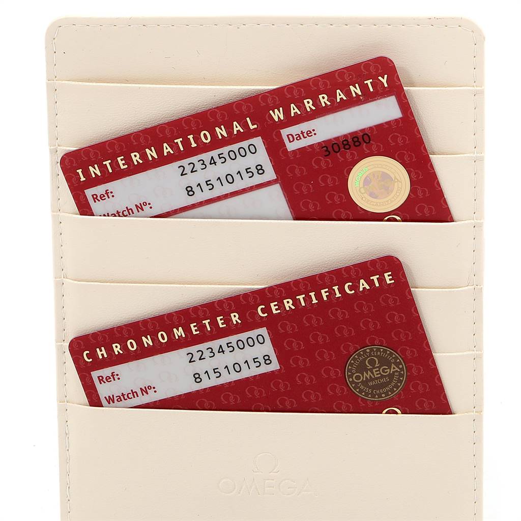 The image shows an Omega Seamaster 2234.50.00 Men
s Stainless Steel Black Dial 2234.50.00 Men
s Stainless Steel Black Dial
s International Warranty and Chronometer Certificate cards in a beige cardholder.