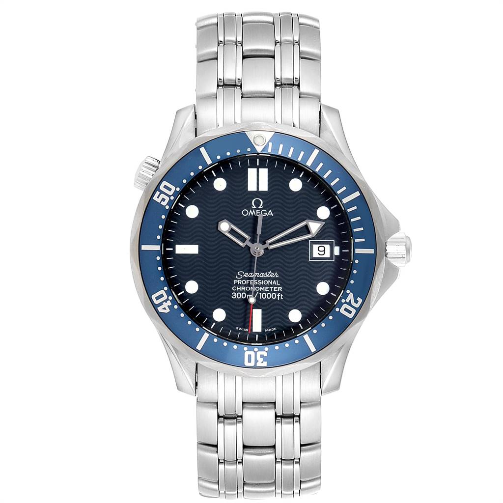 The image shows a frontal view of an Omega Seamaster 2531.80.00 Men
s Stainless Steel Blue Dial 2531.80.00 Men
s Stainless Steel Blue Dial watch, featuring the dial, bezel, and stainless steel bracelet.