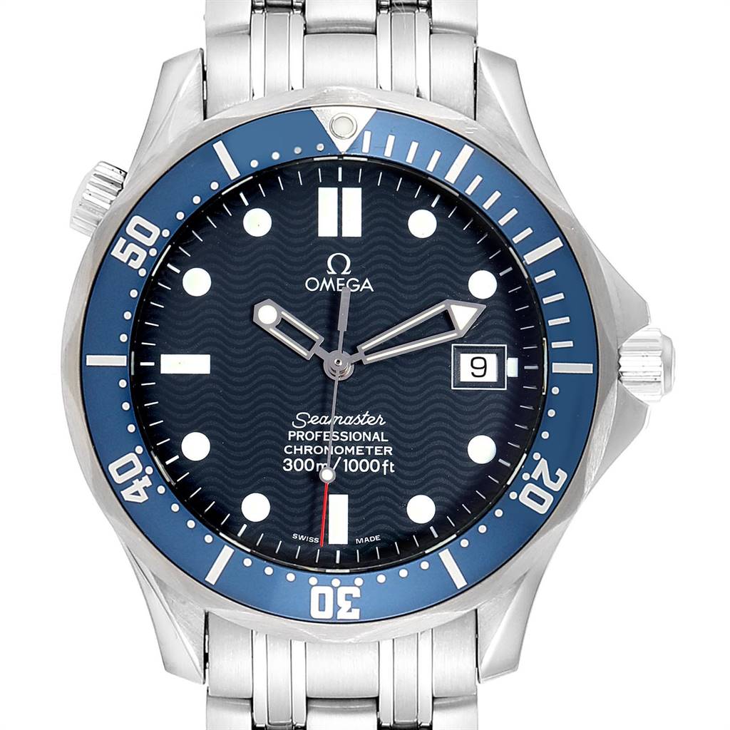 The Omega Seamaster 2531.80.00 Men
s Stainless Steel Blue Dial 2531.80.00 Men
s Stainless Steel Blue Dial watch is shown from a front angle, highlighting the dial, bezel, crown, and stainless steel bracelet.