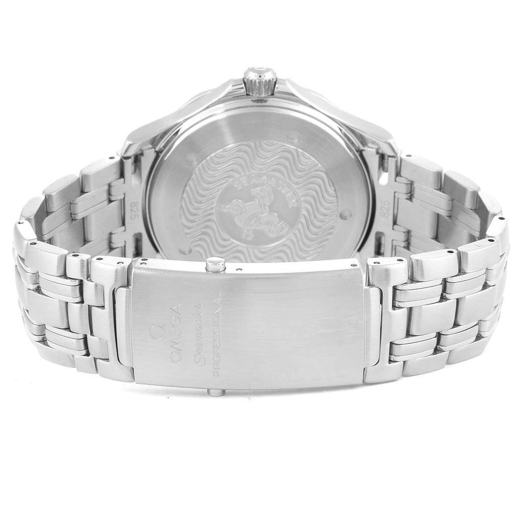 The image shows the back case and bracelet clasp of an Omega Seamaster 2531.80.00 Men
s Stainless Steel Blue Dial 2531.80.00 Men
s Stainless Steel Blue Dial watch, viewed from the rear.