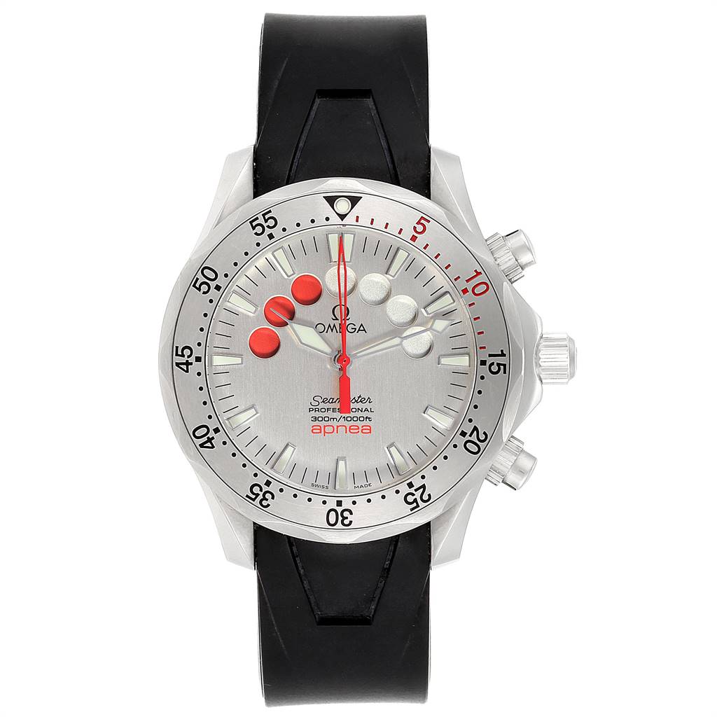 The image shows a front view of the Omega Seamaster 2595.30.00 Men
s Stainless Steel Silver Dial 2595.30.00 Men
s Stainless Steel Silver Dial watch, displaying the dial, bezel, crown, and black strap.