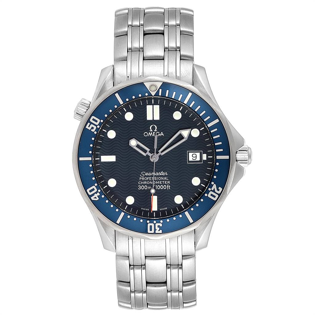 The image shows a frontal view of the Omega Seamaster 2531.80.00 Men
s Stainless Steel Blue Dial 2531.80.00 Men
s Stainless Steel Blue Dial watch, displaying the dial, bezel, crown, and bracelet.