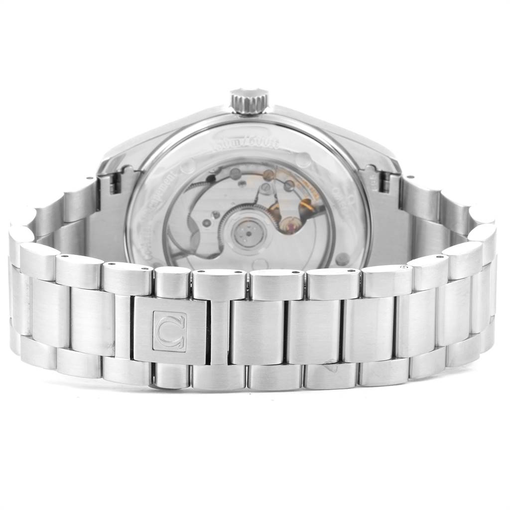 This image shows the back view of the Omega Seamaster 2503.33.00 Men
s Stainless Steel Silver Dial 2503.33.00 Men
s Stainless Steel Silver Dial watch, highlighting its stainless steel bracelet and visible mechanical movement.