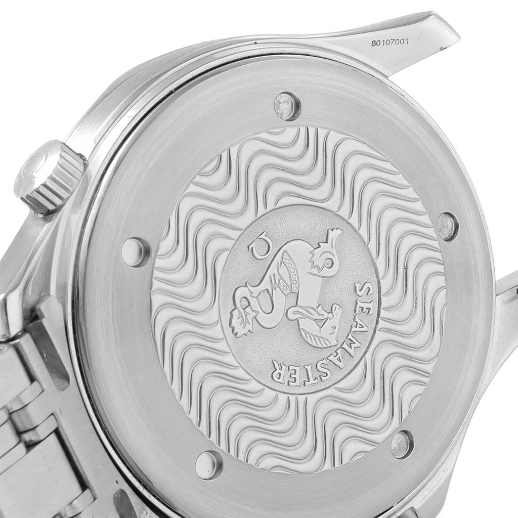 This image shows the back case of an Omega Seamaster 2531.80.00 Men
s Stainless Steel Blue Dial 2531.80.00 Men
s Stainless Steel Blue Dial watch with its detailed engraving and lugs visible.