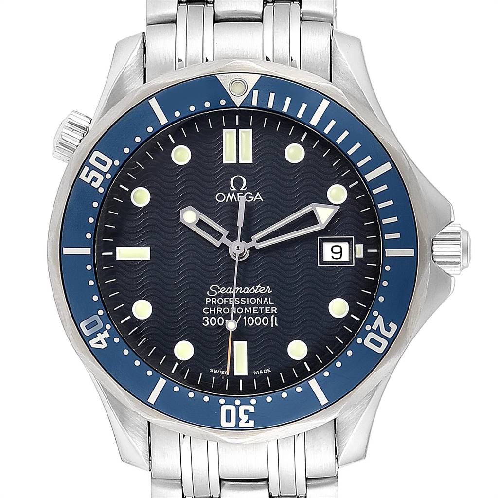 The Omega Seamaster 2531.80.00 Men
s Stainless Steel Blue Dial 2531.80.00 Men
s Stainless Steel Blue Dial watch is shown from a head-on angle, displaying the face, bezel, crown, and stainless steel bracelet.