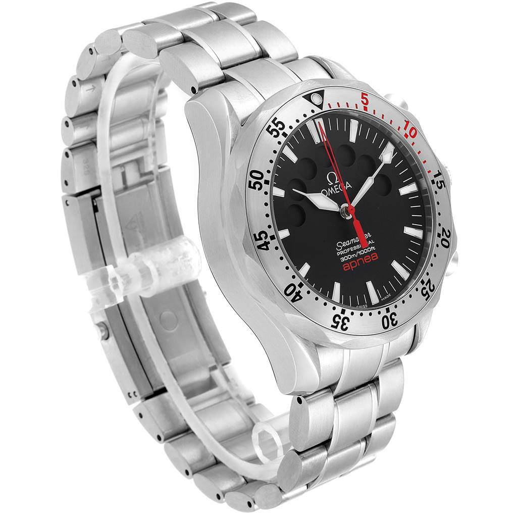 The Omega Seamaster 2595.50.00 Men
s Stainless Steel Black Dial 2595.50.00 Men
s Stainless Steel Black Dial watch is shown at a three-quarter angle, displaying the stainless steel bracelet, bezel, and dial.