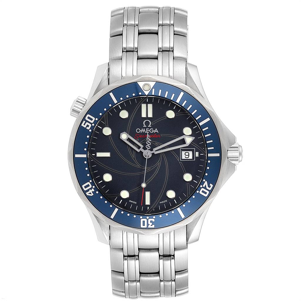 The image shows a frontal view of the Omega Seamaster 2226.80.00 Men's Stainless Steel Blue Dial 2226.80.00 Men's Stainless Steel Blue Dial watch, displaying its dial, bezel, and bracelet.